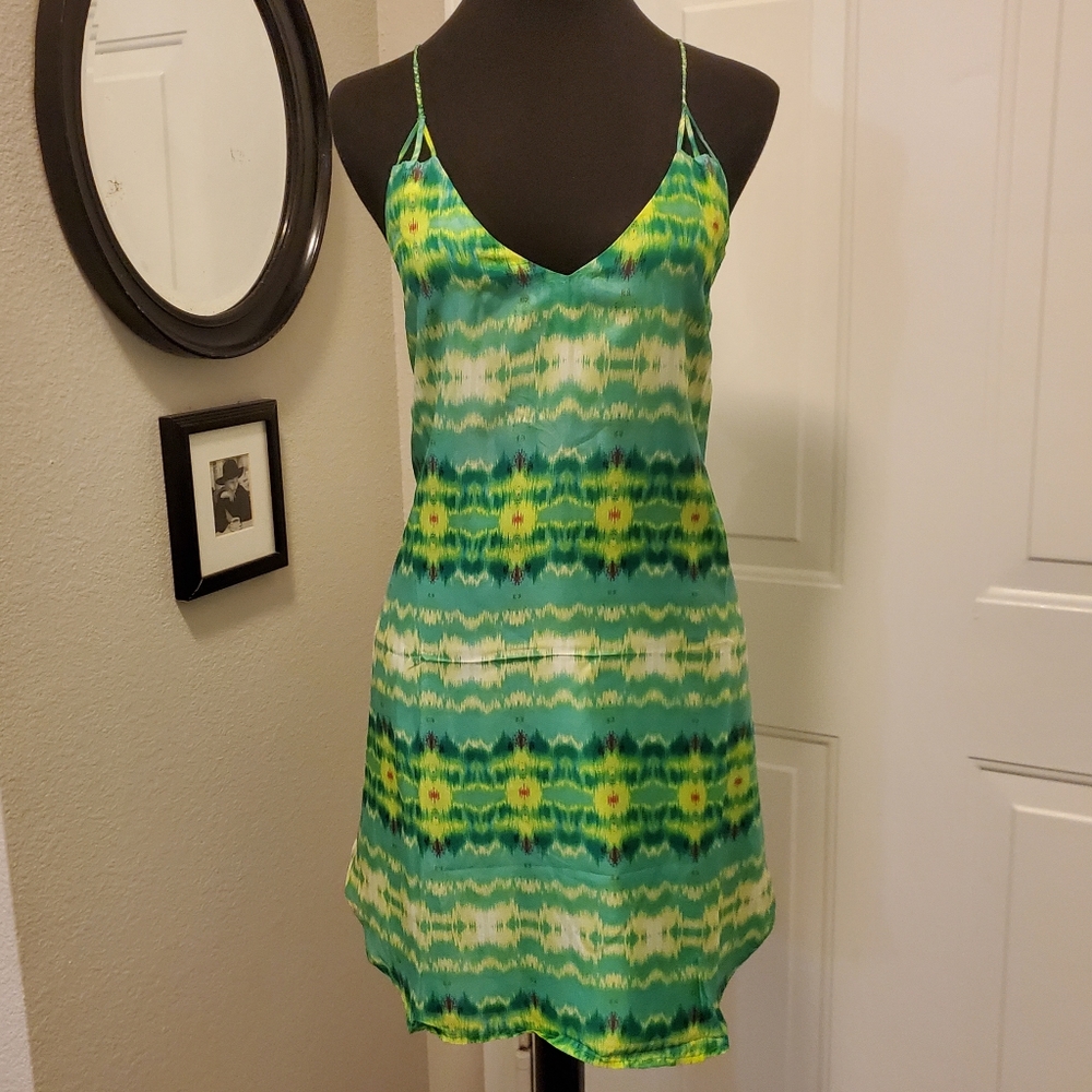 Rieley Collection Pure Silk Slip Dress Sz M T-Back Straps Watercolor Print NWT